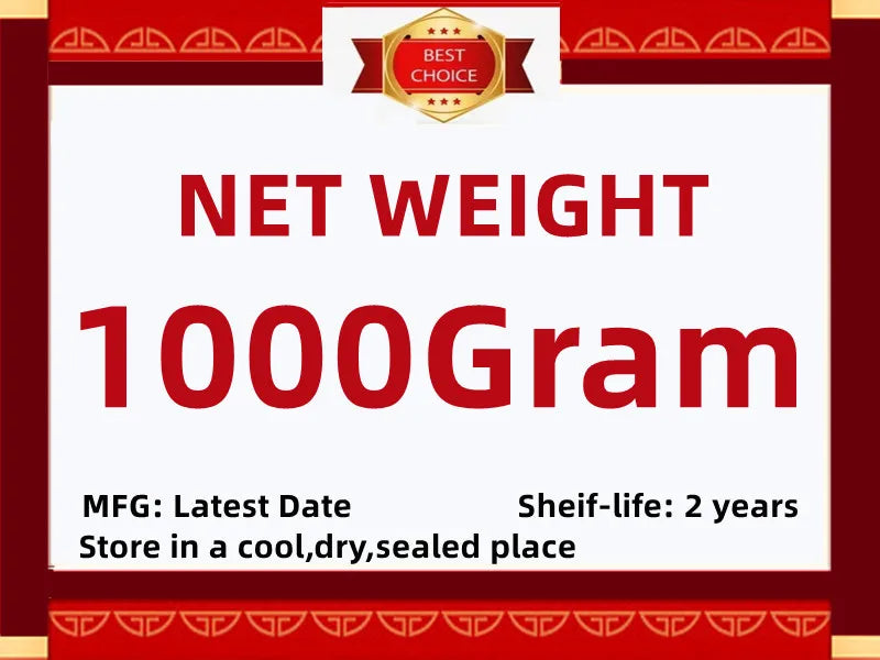 Product label for 1000g net weight, featuring a red and white design, two-year shelf life, and storage instructions.