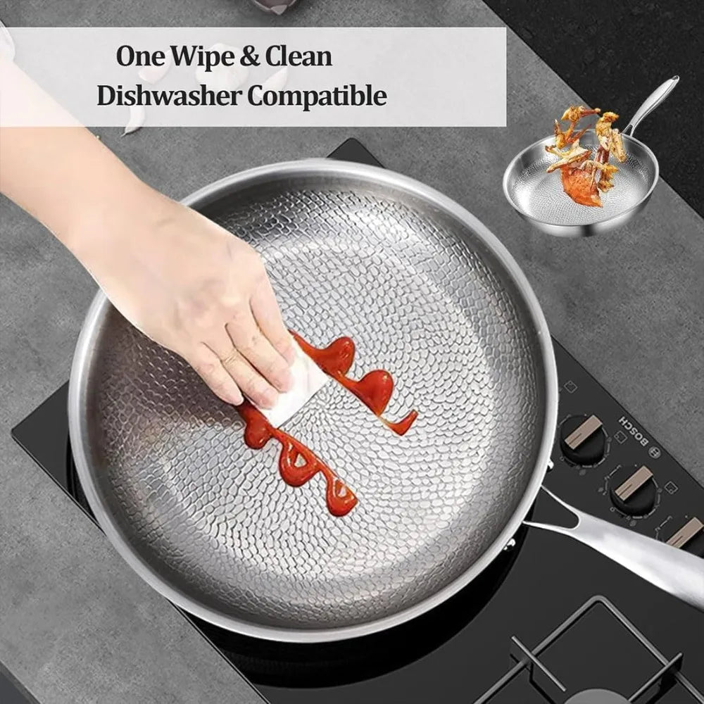A hand wiping red sauce from a stainless steel pan on a stovetop with text overlay.