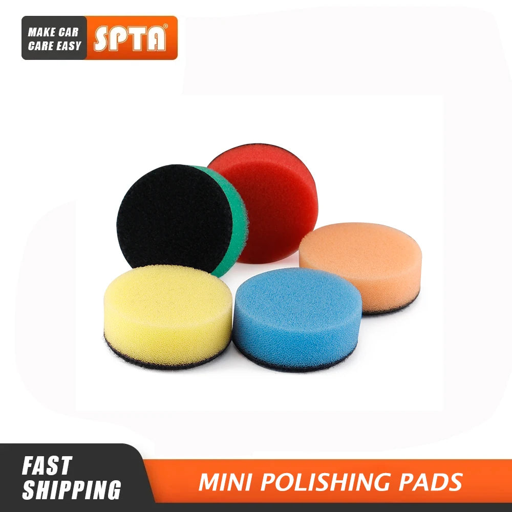 Five round mini foam polishing pads in yellow, blue, orange, red, and black with green backing.