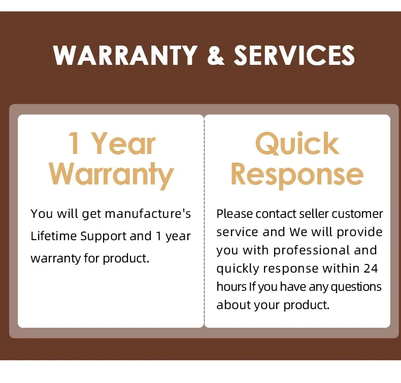 Brown infographic titled "Warranty & Services" detailing a 1-year warranty and customer support services.