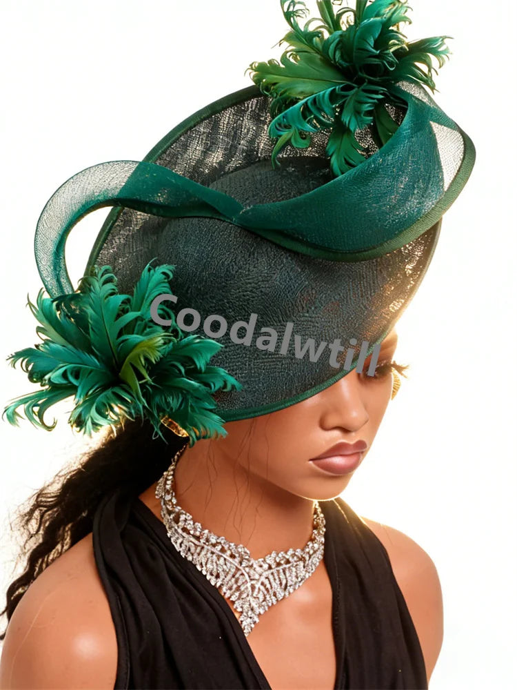 Elegant dark green fascinator hat with wide brim, sculptural mesh detail and decorative feathers on a mannequin.