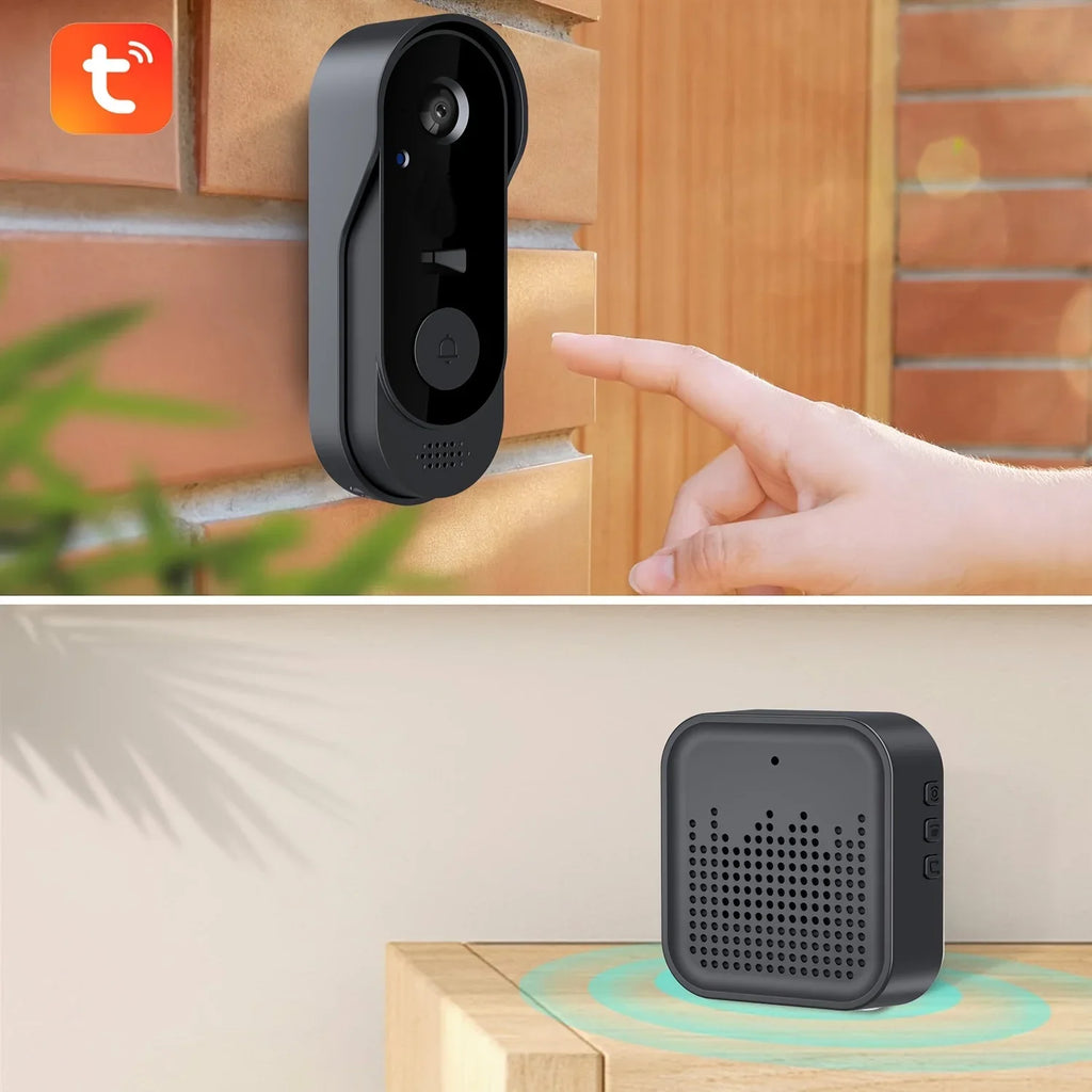 Black wireless HD smart video doorbell mounted on a brick wall with a separate wireless chime unit.