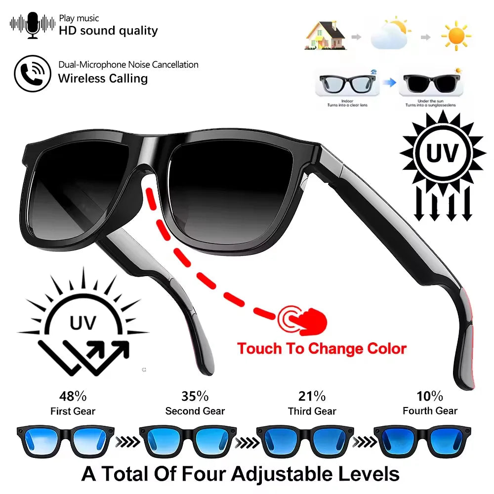 Black smart audio sunglasses featuring touch-adjustable lens tints, UV protection, Bluetooth, and noise-cancelling mics.