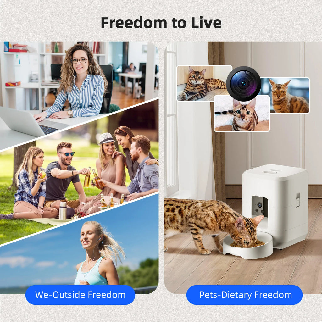 White smart pet feeder with built-in camera, shown next to a cat eating, alongside lifestyle images of active people.