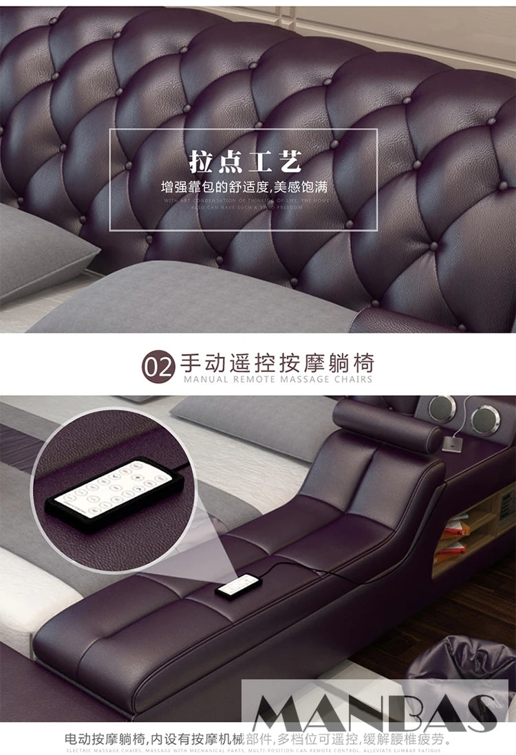 Luxury purple tufted upholstered bed with integrated massage chair, remote control, built-in speakers and storage.