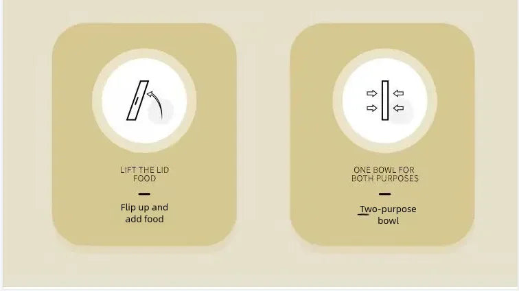 Beige graphic showing a flip-top lid for easy food filling and a versatile two-purpose pet bowl design.
