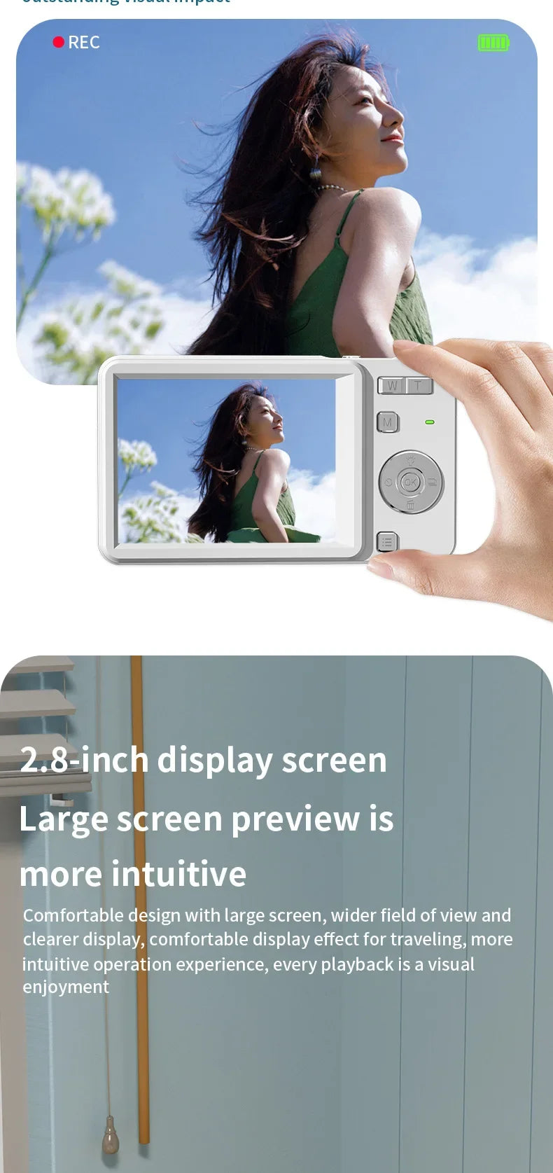 A hand holds a white digital camera displaying a 2.8-inch screen showing a photo of a woman in a green dress.