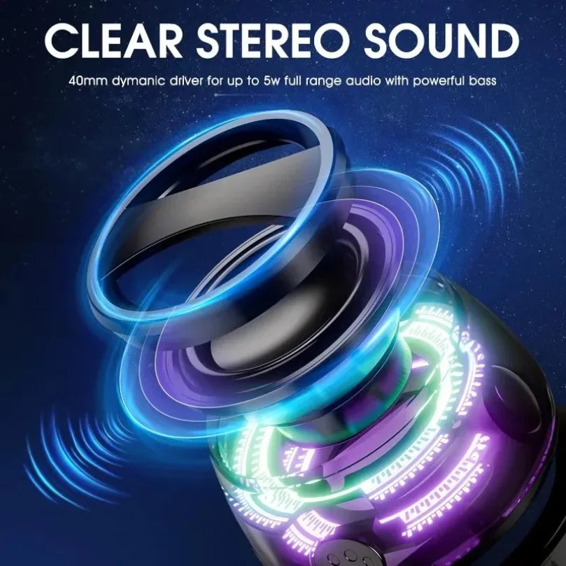 Black portable Bluetooth speaker with vibrant RGB lighting and an integrated top phone holder.