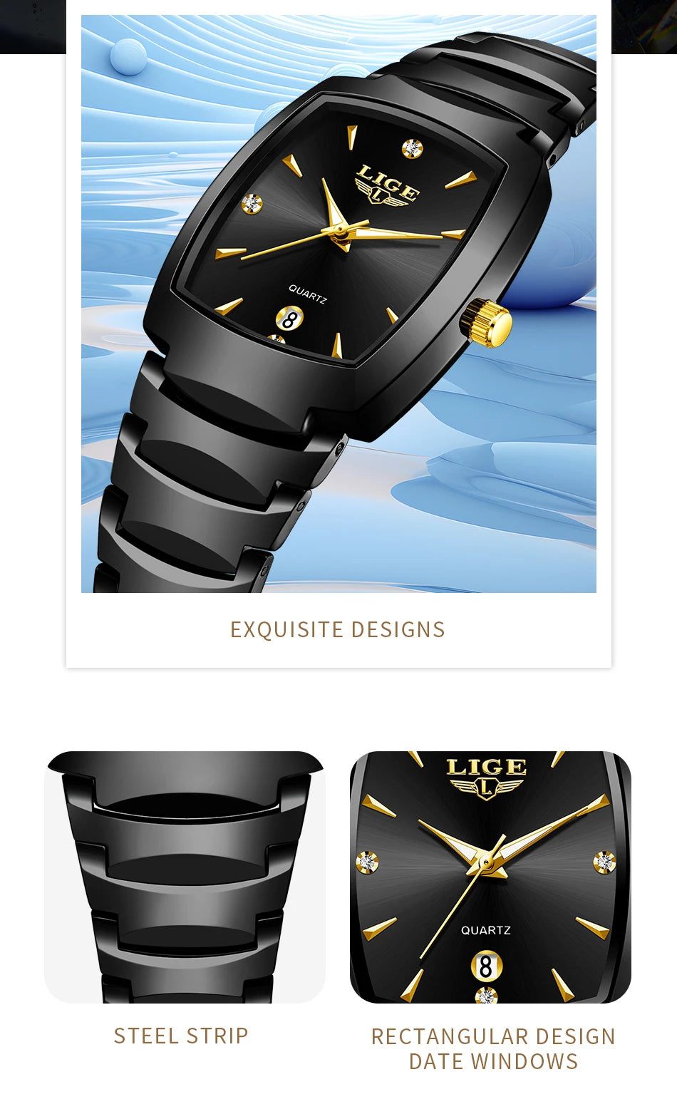 Elegant ladies' black stainless steel quartz watch with gold hands, crystal hour markers and a date display.
