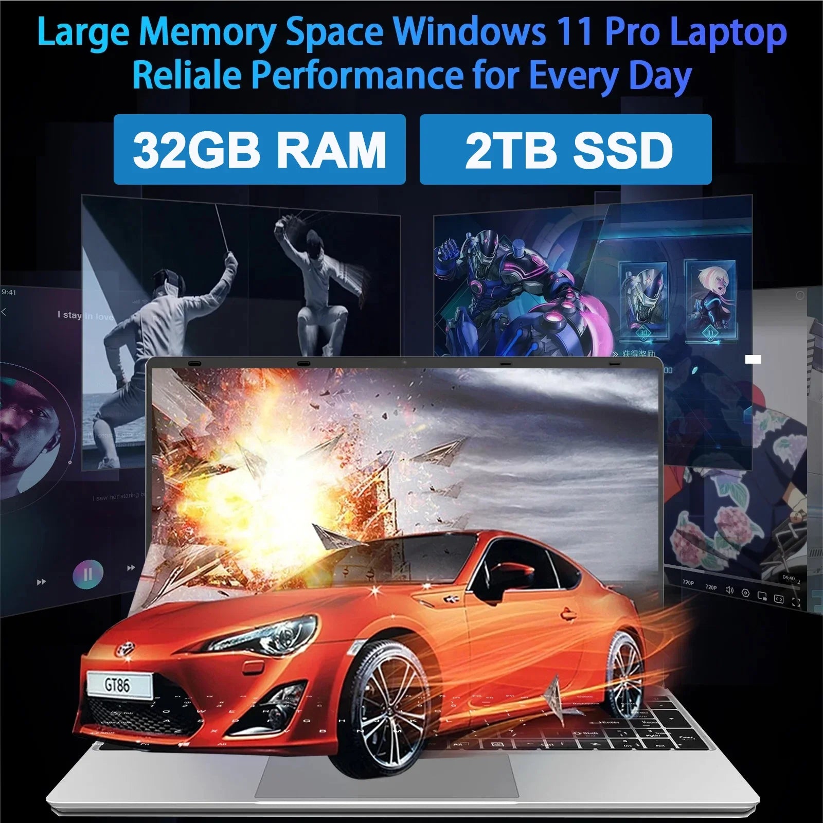 Sleek silver 15.6-inch Windows 11 laptop, featuring 32GB RAM and 2TB SSD, displaying vibrant, high-quality graphics.