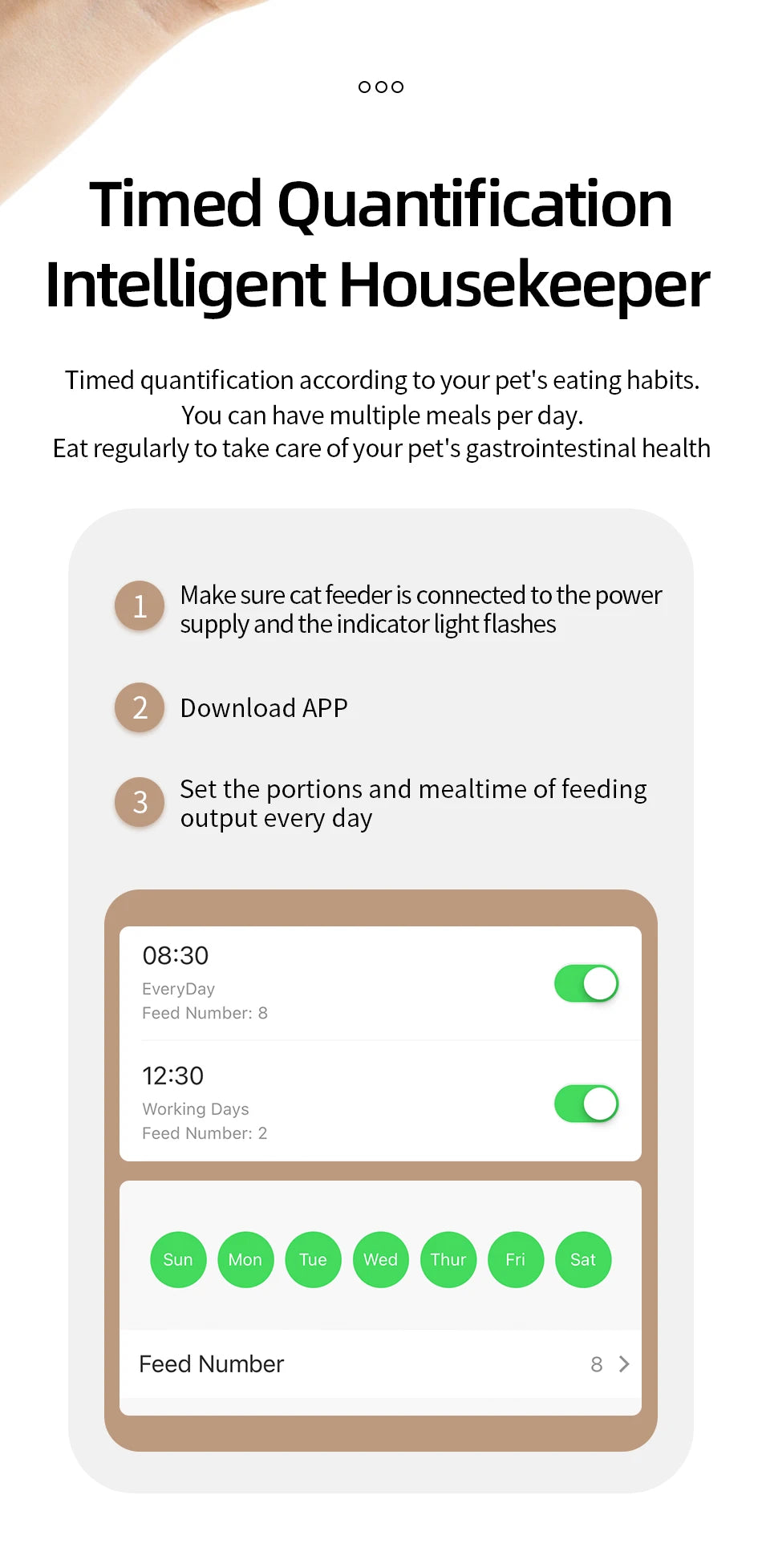 Infographic showing a smart pet feeder app interface with beige borders, white background, and green toggle switches.