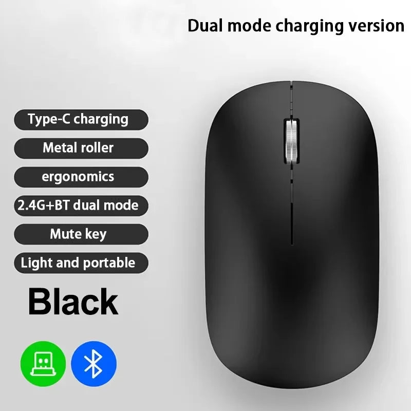 Slim black wireless ergonomic mouse with a silver metal scroll wheel, Type-C charging, and silent buttons.