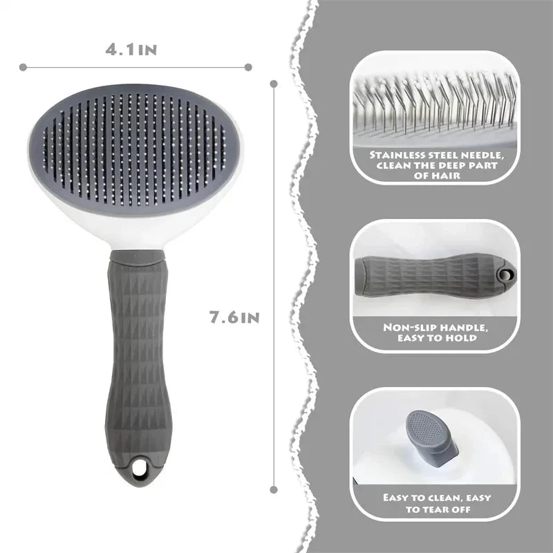 Grey and white self-cleaning pet slicker brush with stainless steel pins and an ergonomic non-slip handle.