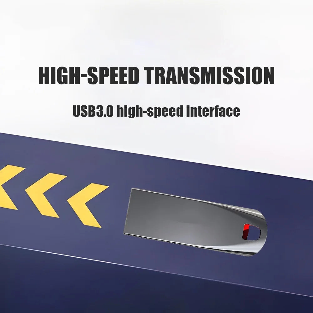 Sleek silver USB 3.0 flash drive on a navy background with yellow chevron speed markings.