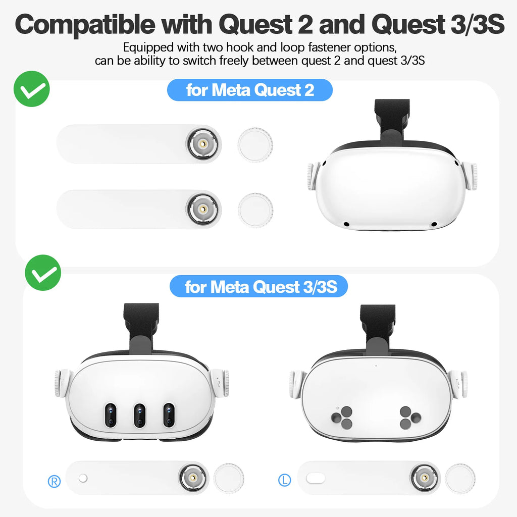 Adjustable white elite headbands with two interchangeable fastener sets for compatibility with Quest 2, 3, and 3S VR.