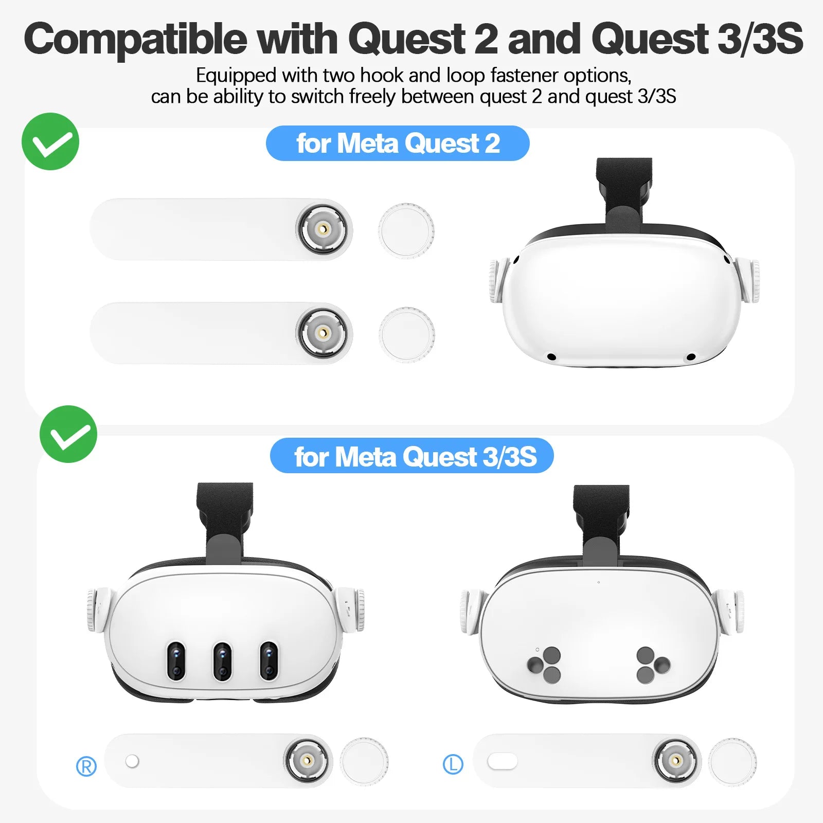 Adjustable white elite headbands with two interchangeable fastener sets for compatibility with Quest 2, 3, and 3S VR.
