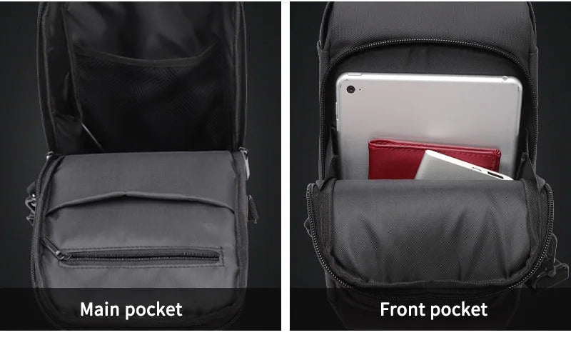 Black waterproof sling bag showing the internal storage of the main and front zipped pockets for tech and accessories.