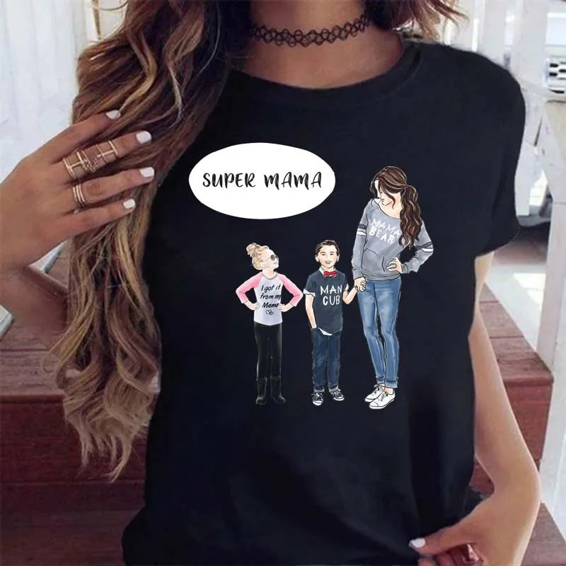 Black t-shirt featuring a "Super Mama" graphic illustration of a mother with her daughter and son.