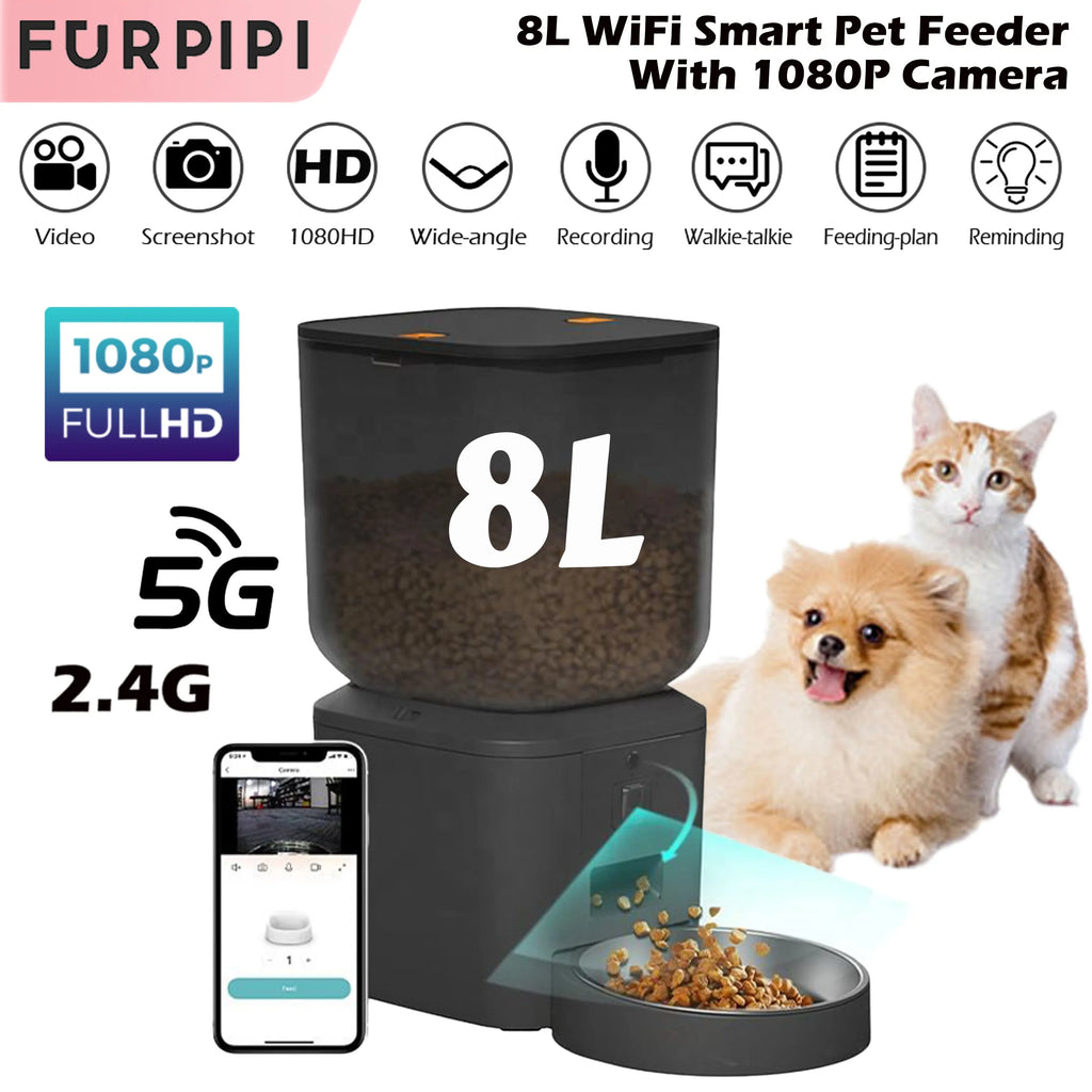 Black 8L smart pet feeder with integrated camera, bowl, and app control, displayed with a small dog and cat.