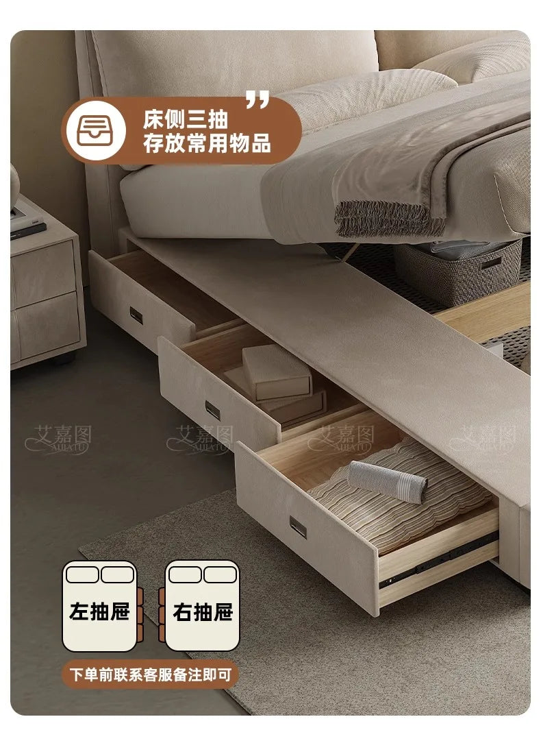 Modern beige upholstered bed with three spacious pull-out storage drawers integrated into the side base.