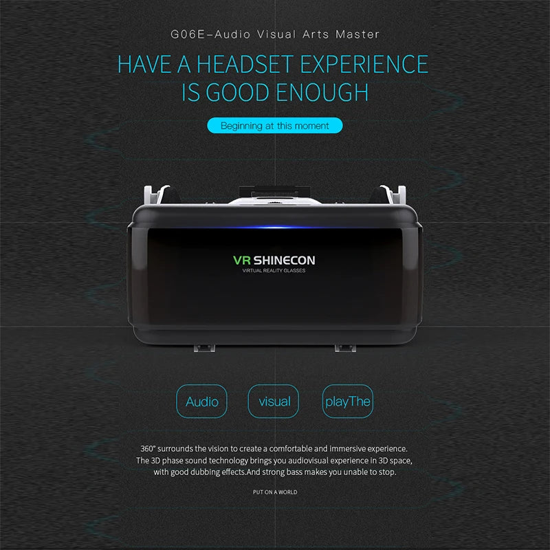 Black VR Shinecon 3D glasses headset featuring green branding on the front flap and adjustable top straps.