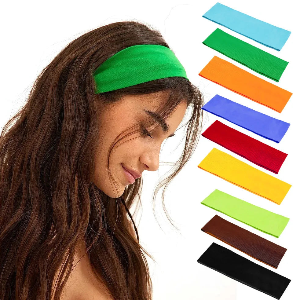 A person wearing a bright green fabric headband, with a selection of other colours displayed on the right.