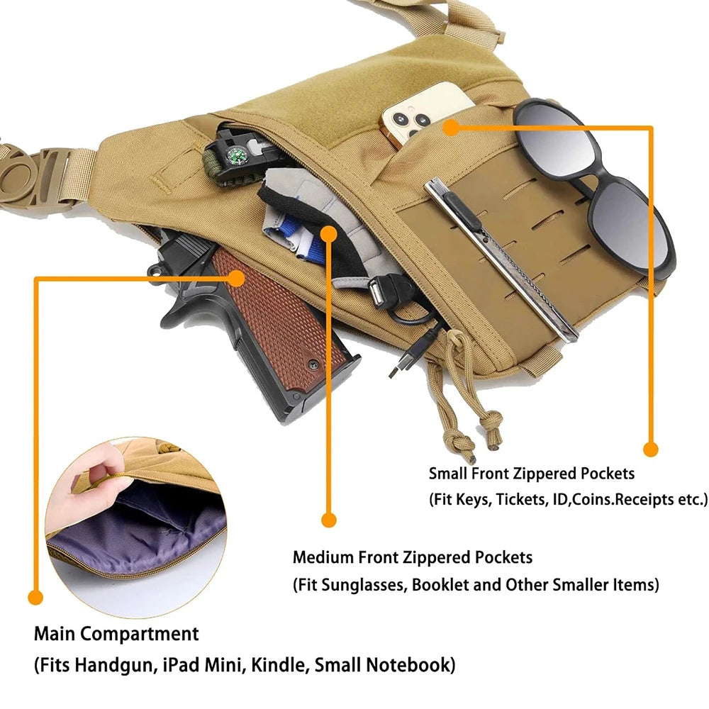 Tan tactical crossbody sling bag with multiple zip pockets, organised storage compartments, and adjustable strap.