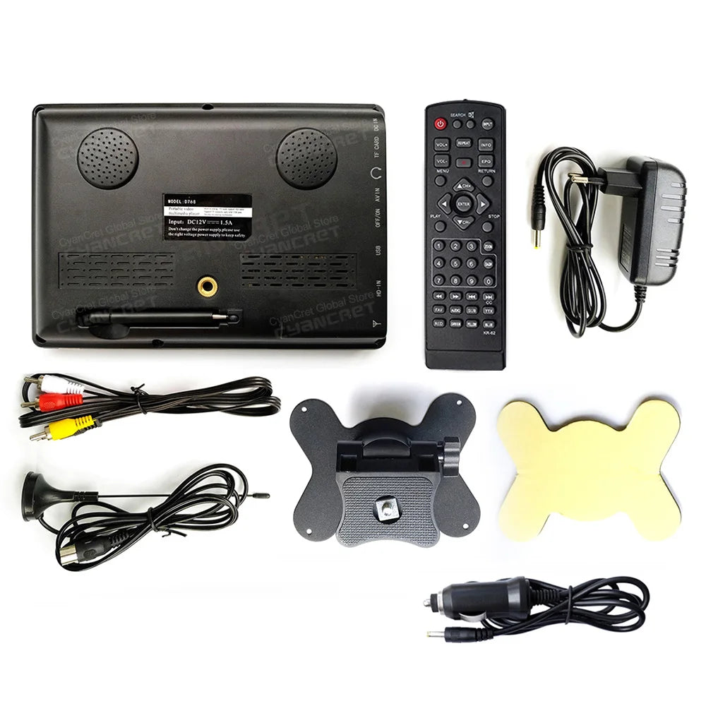 LEADSTAR D768 black portable 7-inch mini TV with remote, stand, cables, power adapter, and antenna.