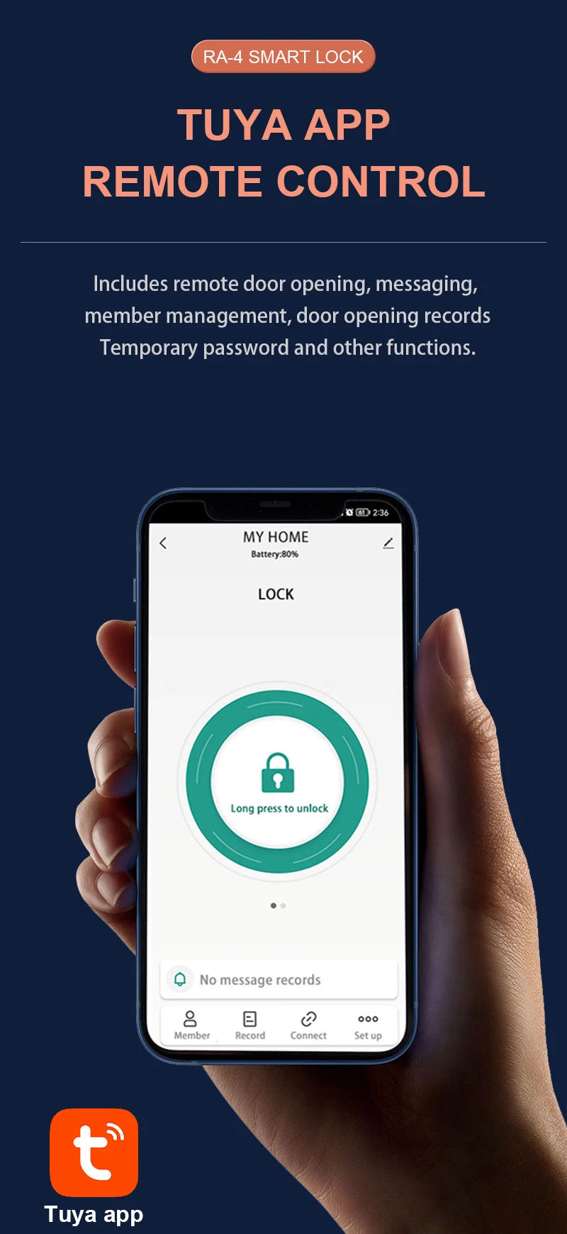 Hand holding a smartphone displaying the Tuya smart lock app interface with an unlock button and feature menu.