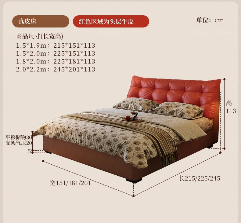 Modern Nordic double bed with a tufted orange leather headboard and a dark brown upholstered base.