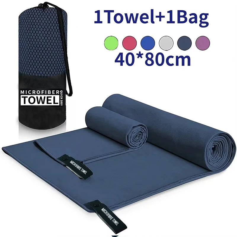 Blue quick-dry microfiber towel, 40x80cm, with a matching mesh carry bag and branded tags.