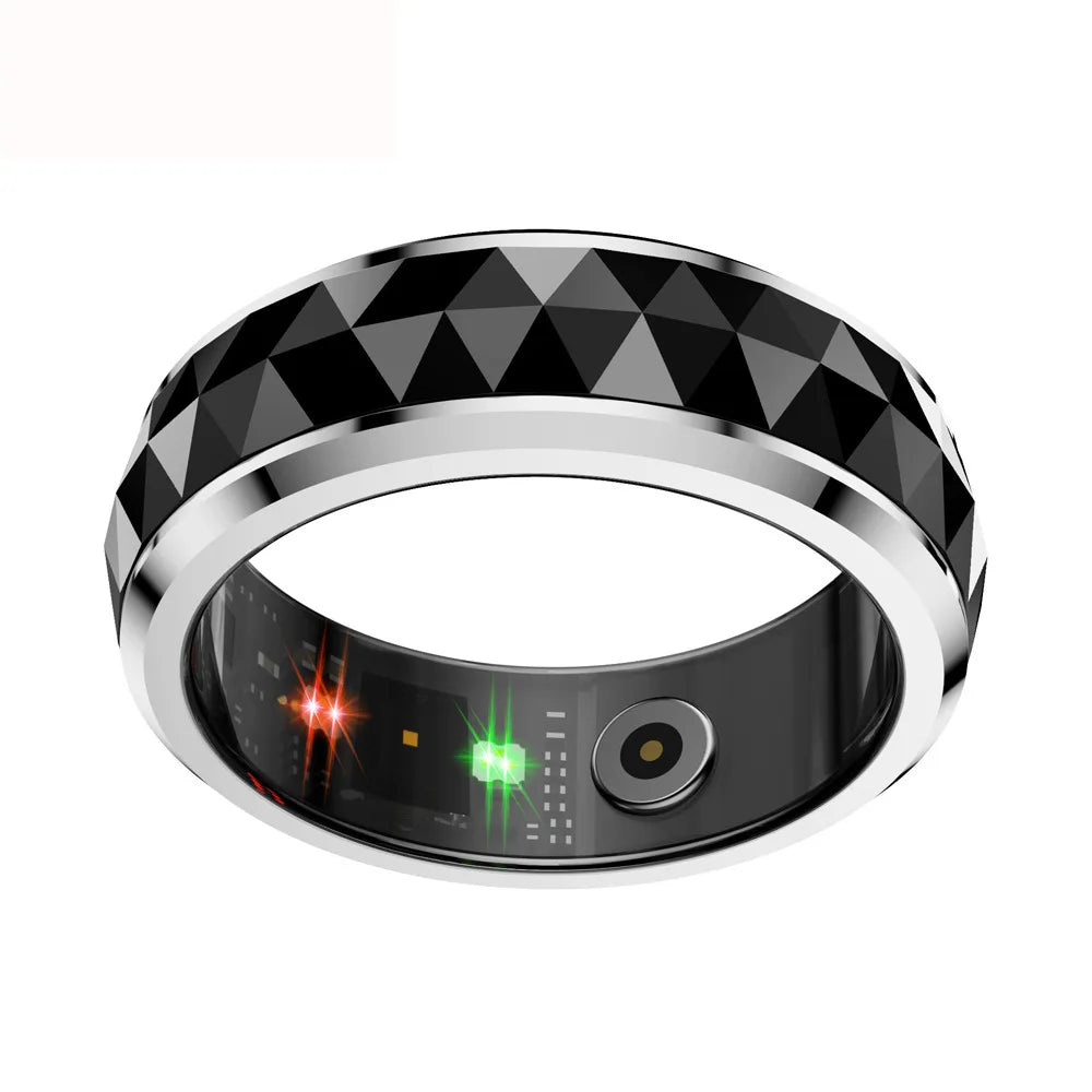 Black smart ring with a geometric pattern, silver edges, and interior sensors for health and sleep tracking.