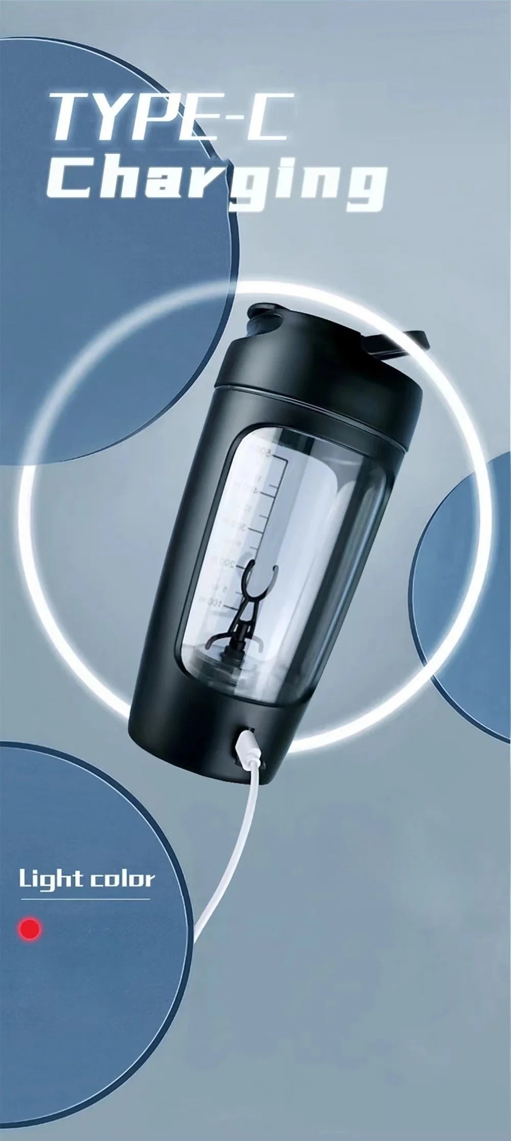 Black electric shaker bottle with a clear measurement window, internal whisk, and Type-C charging port.