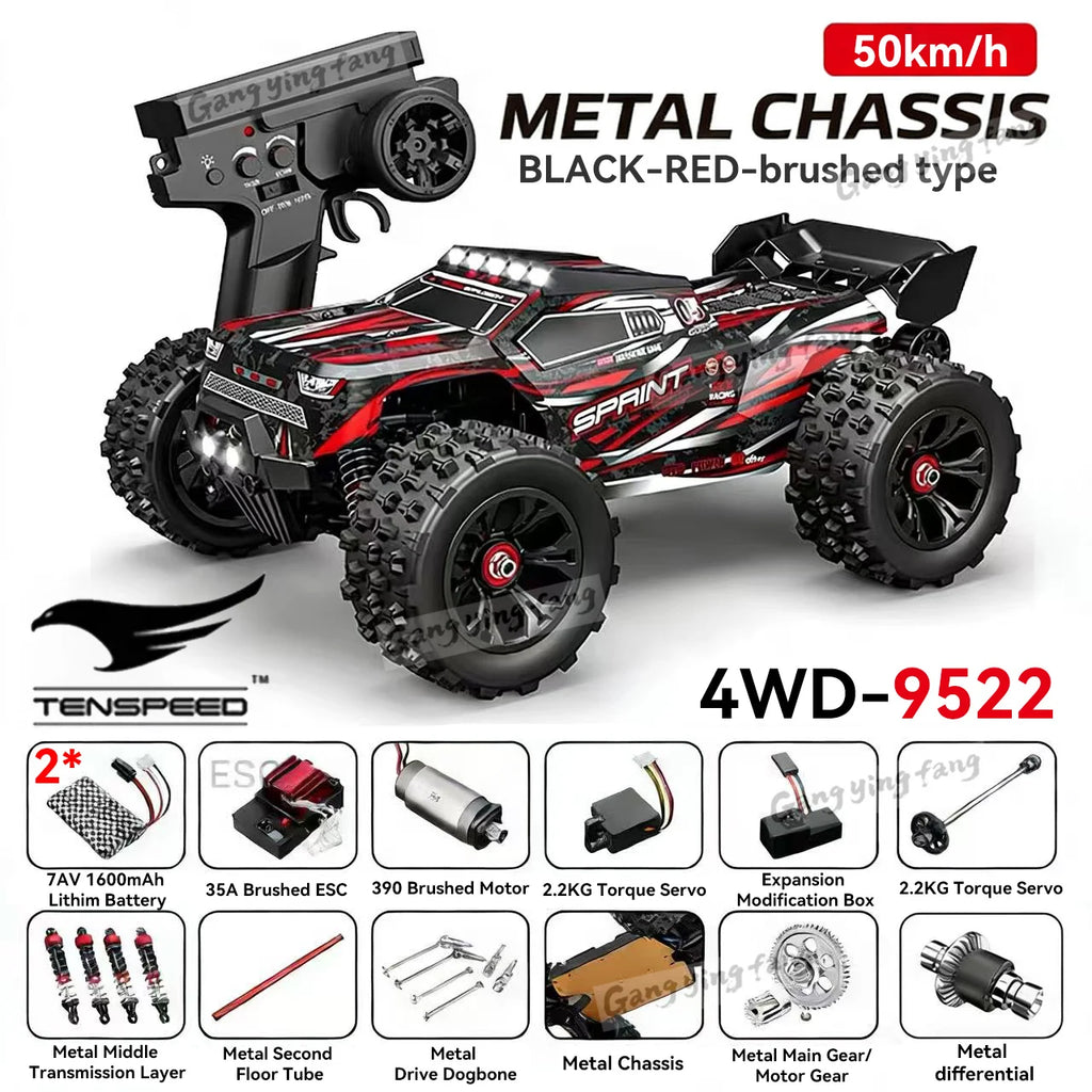 Black and red 4WD RC monster truck with large treaded tires, front LED lights, and black remote control.
