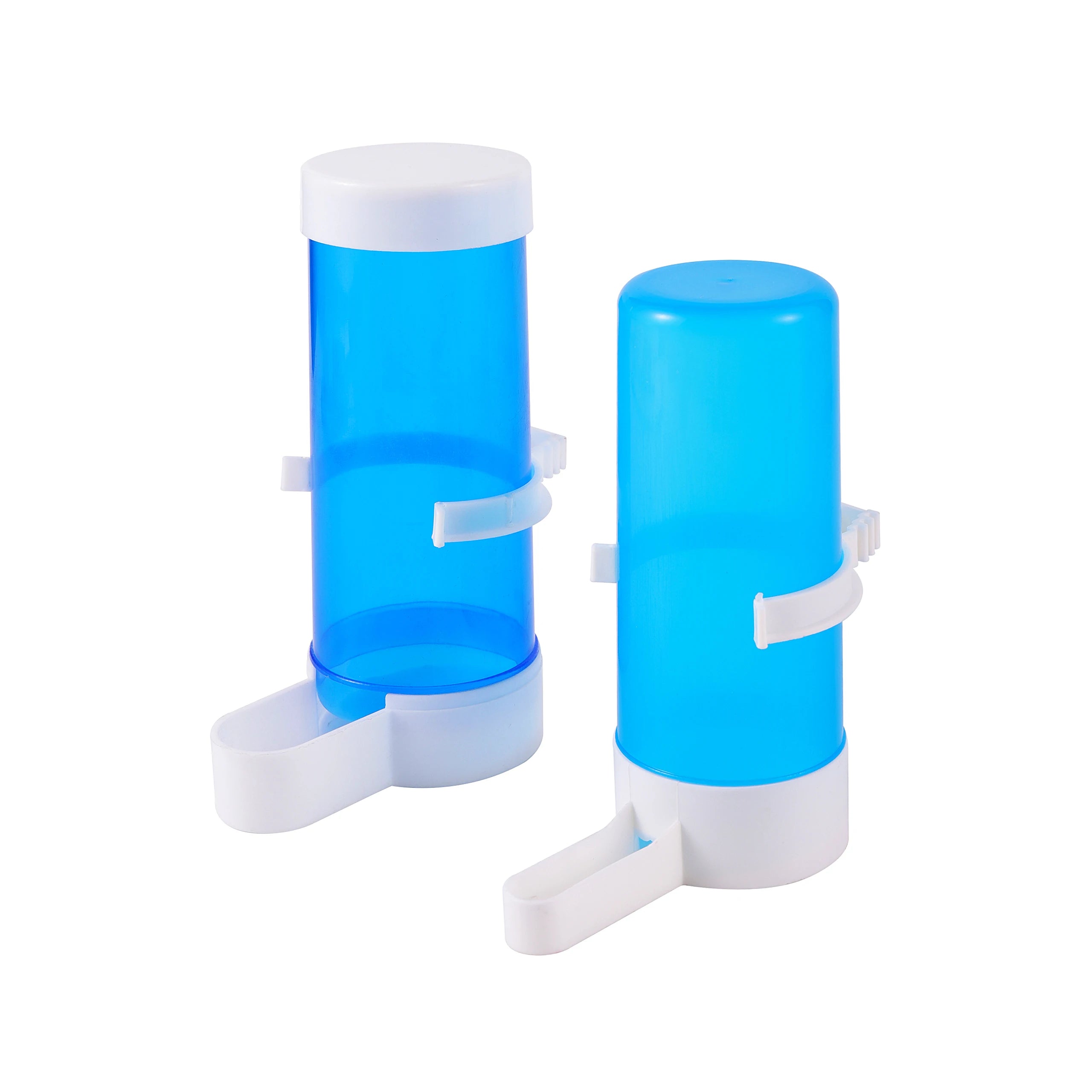 Two blue plastic bird water dispensers with white caps and bases, designed to attach to cage wires.