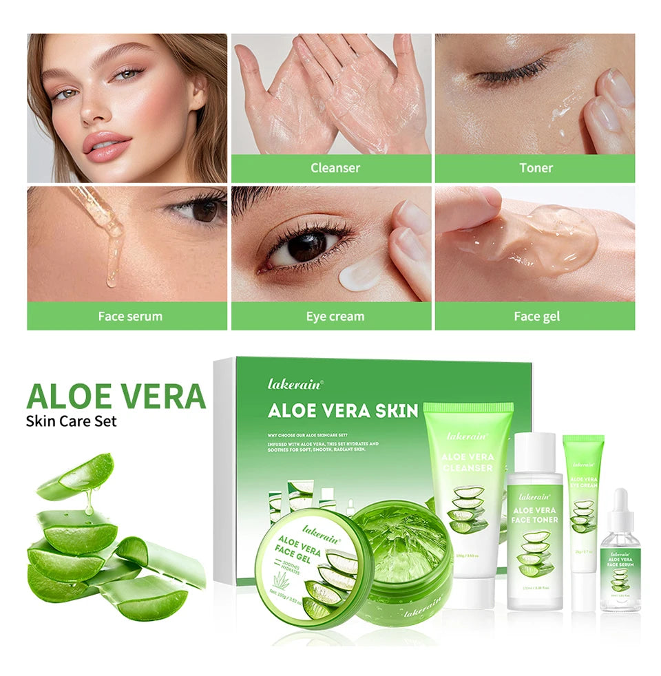 Aloe vera skin care set featuring a face gel, cleanser, toner, eye cream, and serum with soothing green packaging.