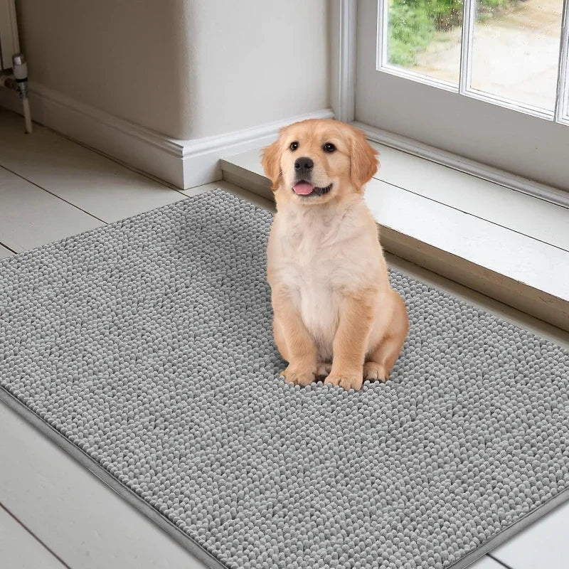A golden retriever puppy sitting on a grey, textured, absorbent microfibre dog doormat by a white door.