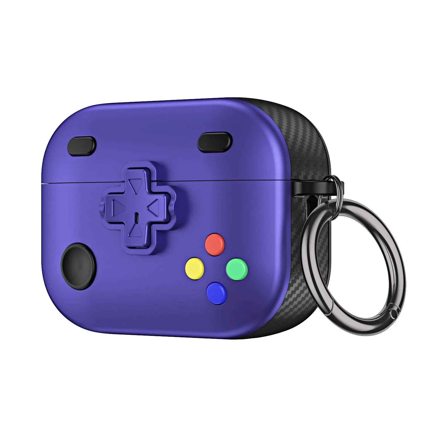 Purple retro game controller-style AirPods Pro case with carbon fibre texture and metallic keyring.