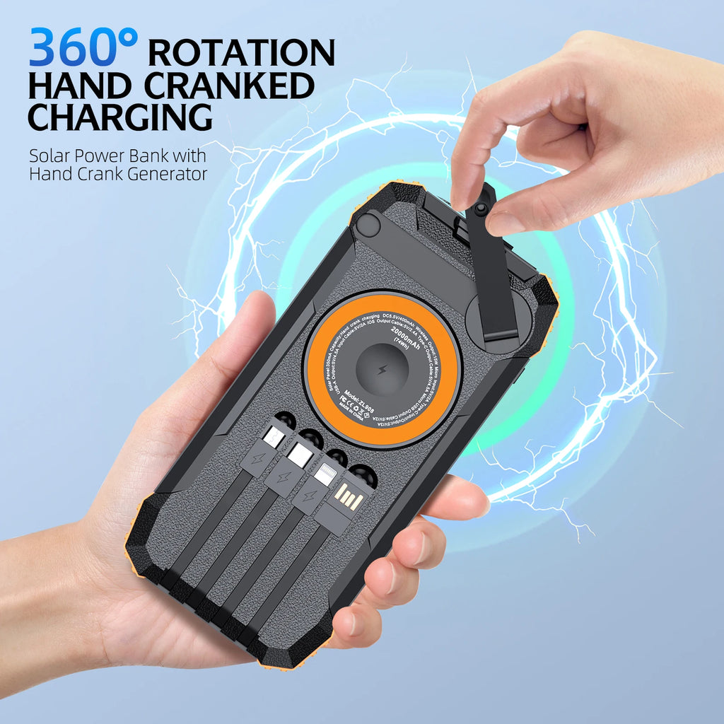Rugged black and orange solar power bank with wireless charging, integrated cables, and a hand-crank generator.