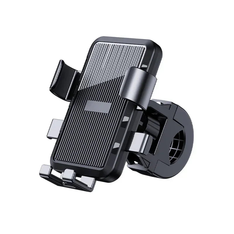 Black adjustable phone holder for bicycle or motorcycle handlebars with secure side clamps and base support.