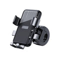 Black adjustable phone holder for bicycle or motorcycle handlebars with secure side clamps and base support.