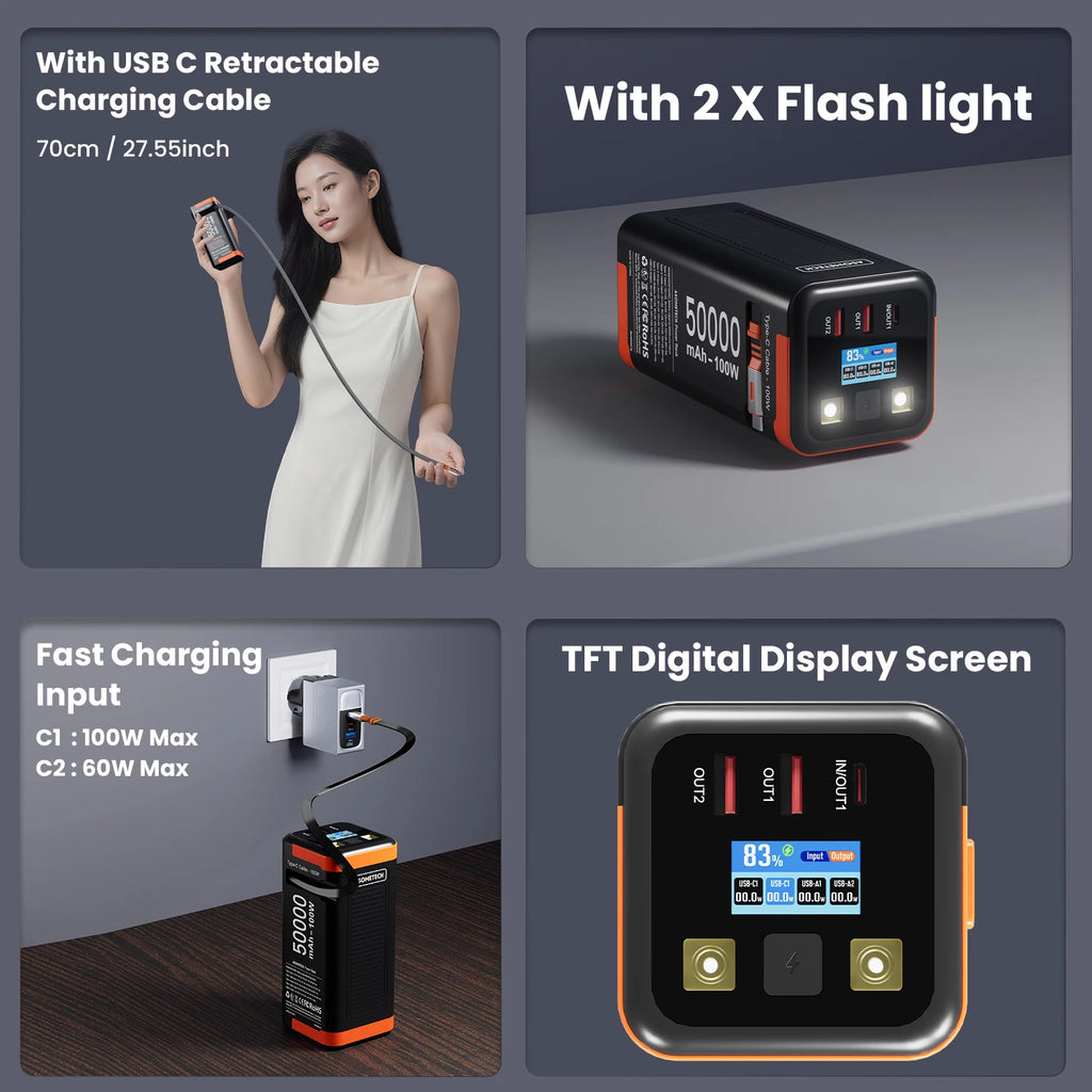 Black and orange 50,000mAh 100W portable power bank with retractable cable, dual flashlights, and digital display.