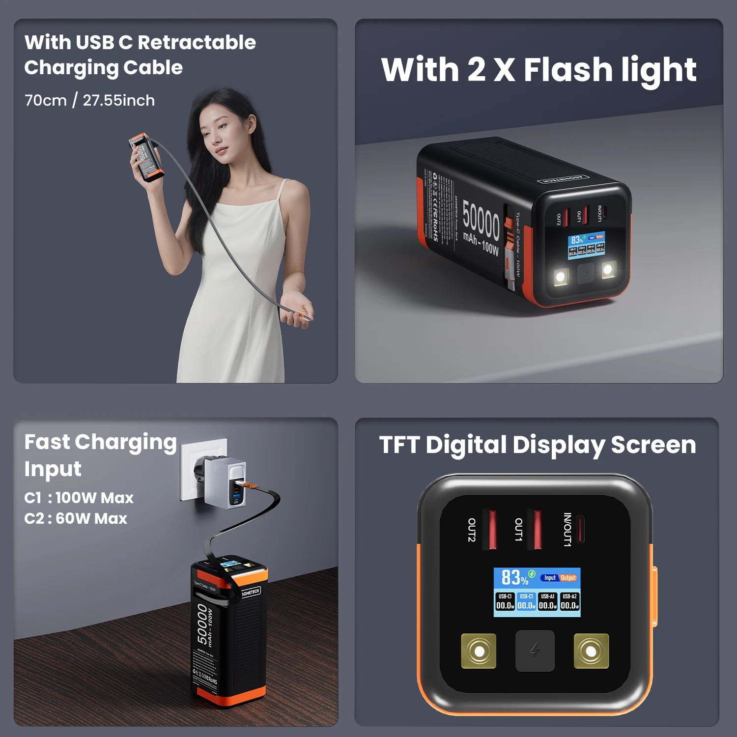 Black and orange 50,000mAh 100W portable power bank with retractable cable, dual flashlights, and digital display.