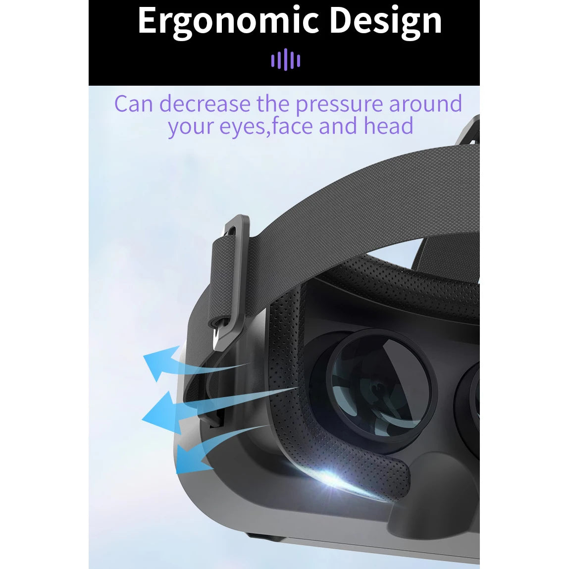 Black VR headset showing internal lenses, textured cushioning, and adjustable head strap.