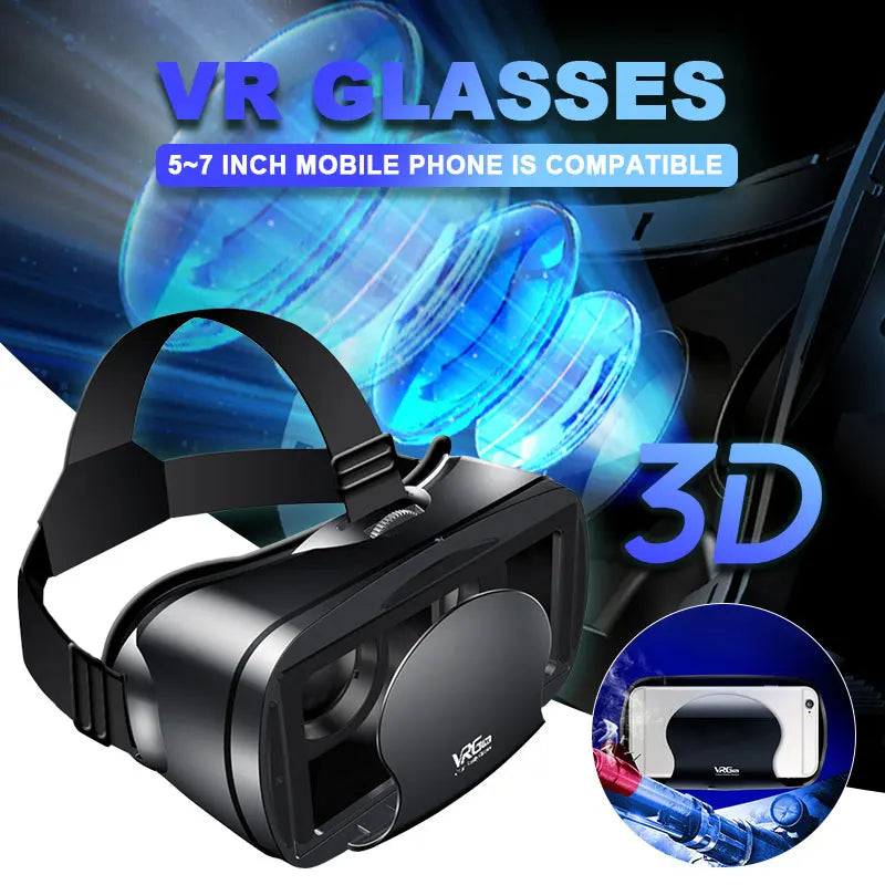 Black 3D VR glasses for 5-7 inch smartphones, featuring an adjustable head strap and a modern, sleek design.