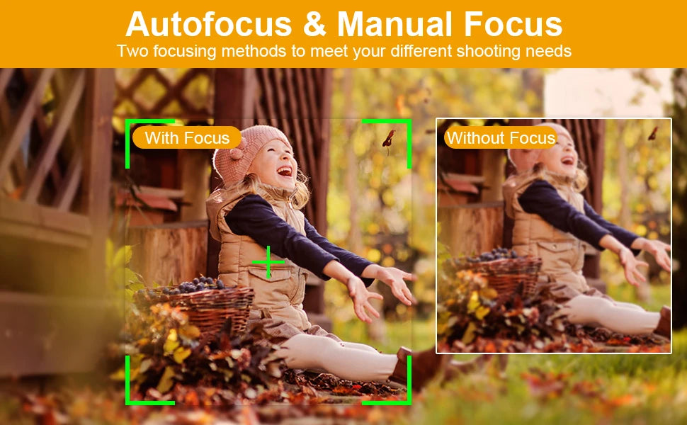 Comparison image showing a child in a beige vest with autofocus enabled versus blurred manual focus.