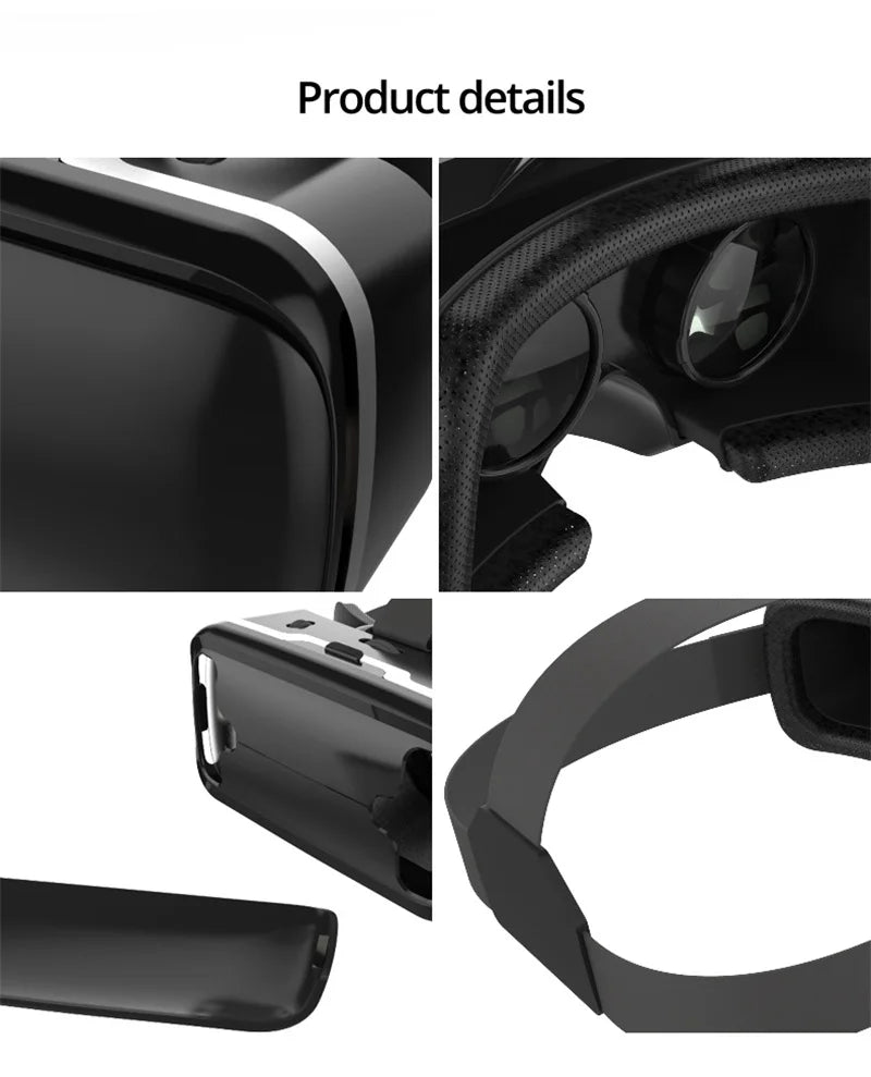 Black virtual reality smartphone headset with adjustable head straps, cushioned face padding and internal lenses.