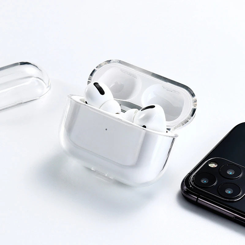 Clear, protective plastic case for Apple AirPods Pro on a white background.