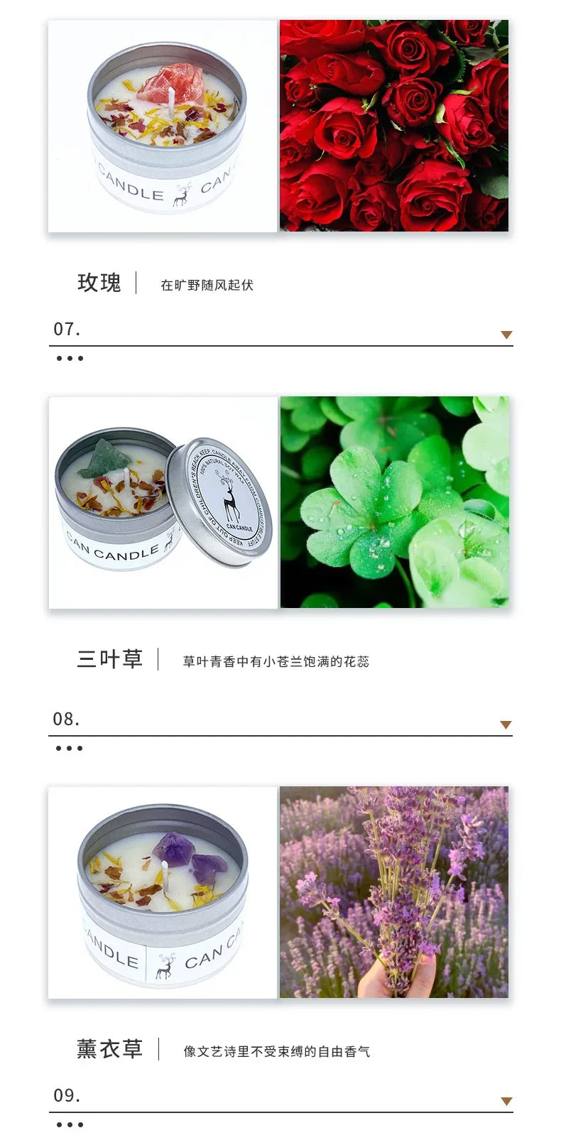 Three scented candles in silver tins decorated with dried flowers and crystals, featuring rose, clover, and lavender.
