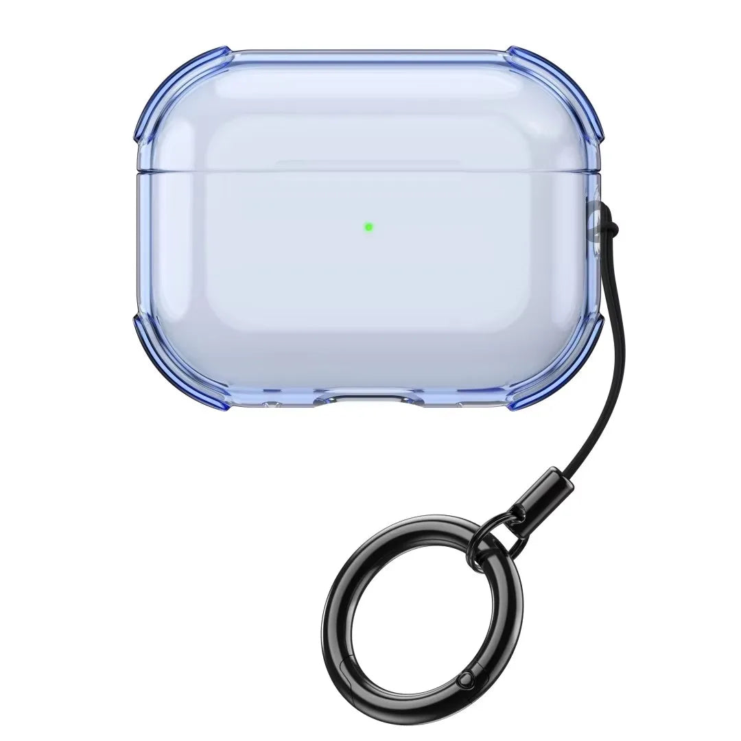 Clear protective case for AirPods Pro with reinforced corners and a black metal ring carabiner.